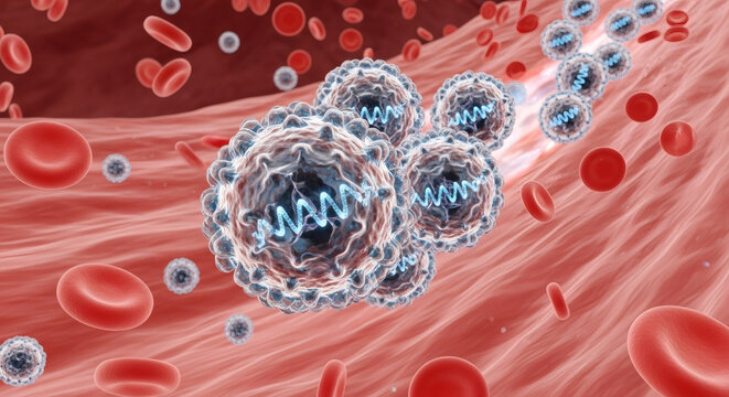Microscopic view of a blood vessel showcasing numerous red blood cells and several spherical viral particles with intricate internal structures, suggesting a... - Powered by Adobe