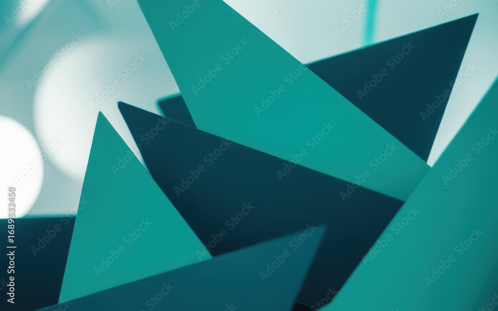Fototapete Closeup of overlapping sharp geometric shapes in shades of teal and dark blue, with soft bokeh lights in the background, creating an abstract composition