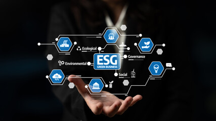 A professional hand presents a modern ESG data visualization, highlighting essential elements of environmental, social, and governance aspects for sustainable business practices. Tessel