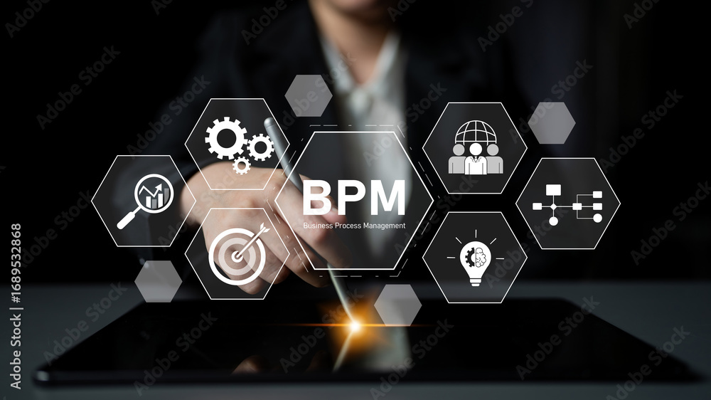 Poster business process management concept showing workflow analysis, process optimization, team collaborat