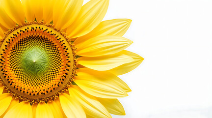 Sharp close up of sunflower head with bright yellow petals and detailed seed pattern on white background