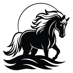 Adobe Ill Horse Head Silhouette - Stylized Cut Out Vector Constrictor Artwork Ultra-detailed white stallion galloping through shallow turquoise surf, splashes sparkling under golden sunset light, blur