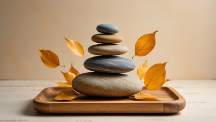 Serene Autumn Still Life: Balanced Stones, Falling Leaves, Wooden Tray, Calm Minimalist Zen Concept
