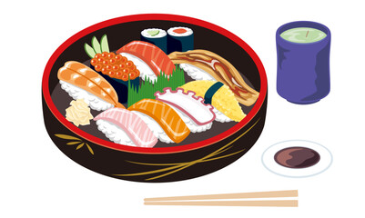 寿司桶とお茶の和食セットイラスト(Sushi Bowl with Green Tea Illustration)