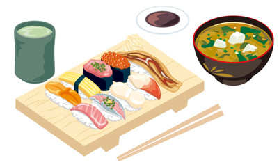 寿司盛台とお茶・味噌汁の和食セットイラスト(Sushi Platter with Green Tea and Miso Soup Illustration)