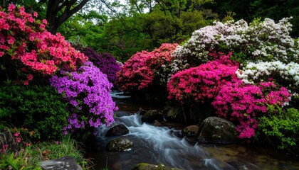 A tranquil stream winds through a vibrant azalea garden