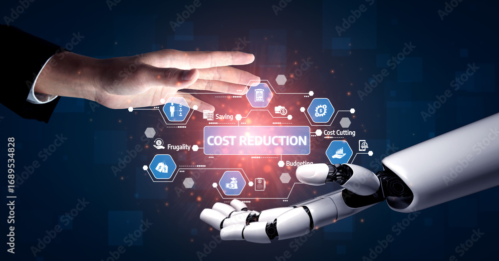 Poster this image depicts a human hand reaching towards a robotic hand, symbolizing collaboration in cost r