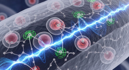 Abstract visualization of a neural network with glowing electrical impulses transmitting signals between interconnected nodes and spherical cells.