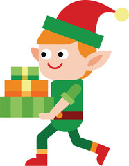 Cartoon Christmas Elf Carrying Stack of Presents with Red Hat and Green Outfit