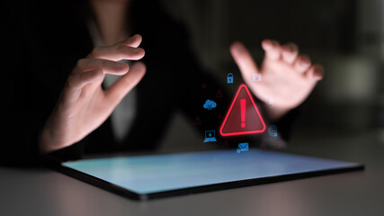 Cybersecurity threat alert protects data. Cyber security threat alert prevents access, alert warns...