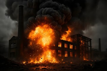 Fototapeta premium Dramatic explosion engulfs a dark industrial building with intense flames and billowing smoke creating a scene of chaos and destruction