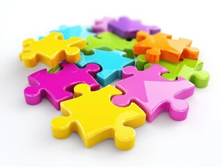 Obraz premium Vibrant colorful puzzle pieces scattered on white background symbolizing connection and teamwork