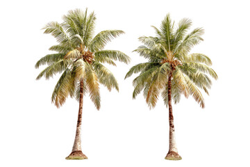 Two palm trees, side-by-side, against a black backdrop.  Their fronds are a light green/yellow, appearing slightly weathered or aged.  Trunks are light beige