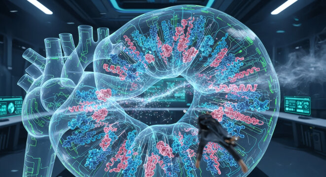 Futuristic holographic display of a beating heart's intricate molecular structure, with a scientist observing in a high-tech laboratory setting. - Powered by Adobe