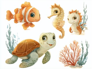 Adorable cartoon sea turtle, clownfish, and seahorses swimming in vibrant coral reef environment