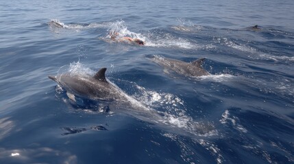 Obraz premium Dolphins swimming with people