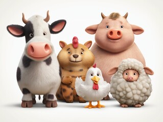 Naklejka premium Adorable cartoon farm animals including a cow, pig, sheep, chicken, and bear cub create a joyful, whimsical scene.