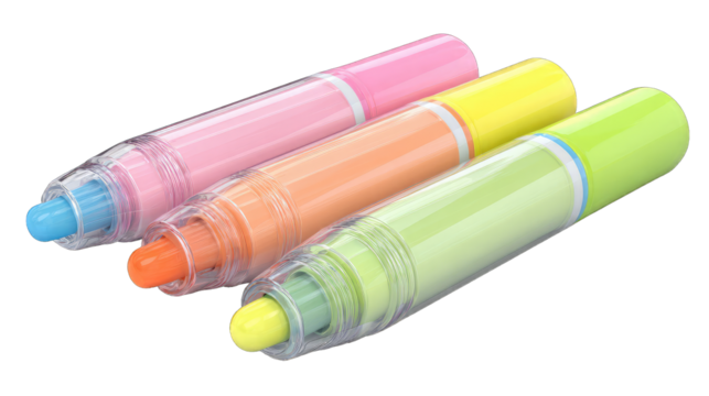 Close-up of three colorful, translucent markers
