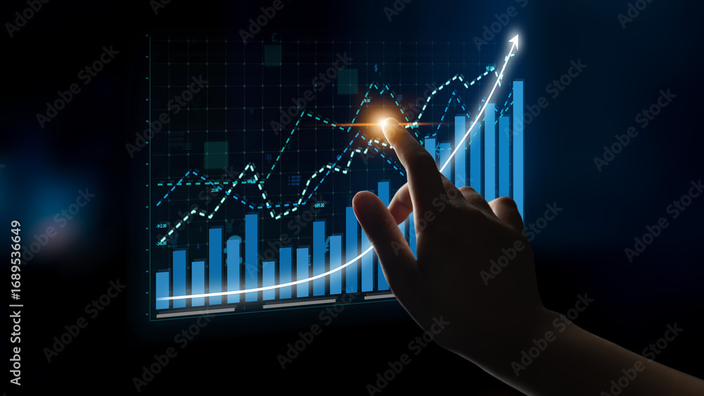 Poster a hand interacts with a digital screen displaying financial data visualizations, illustrating stock 