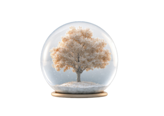 A snow globe showcasing a winter tree
