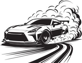 Sporty car performing a burnout with thick smoke billowing around it