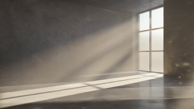 Sunlight streaming through large windows in an empty room, creating a serene atmosphere