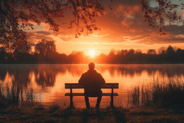Obraz premium Person sitting on bench, gazing at sunset.