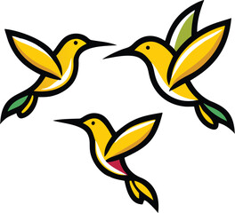 Three Colorful Cartoon Hummingbirds in Flight – Playful and Whimsical Nature Illustration
