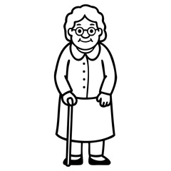 Elderly woman with cane and glasses standing illustration