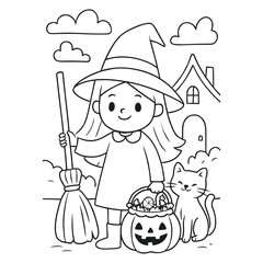 Cute Little Witch with Pumpkin Candy Basket and Cat – Halloween Coloring Page