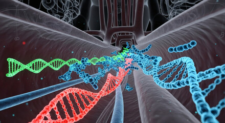 Abstract visualization of multiple DNA strands in vibrant colors, representing genetic information and scientific research within a biological context.