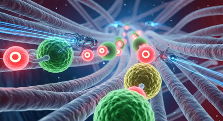 Microscopic view of glowing spherical particles and biological structures, possibly representing cellular processes or nanotechnology in a scientific context.