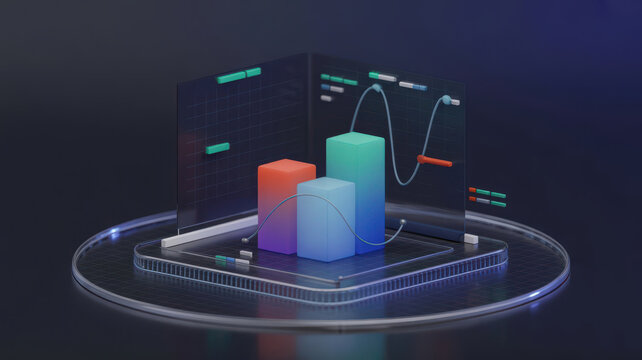 3d visualization of financial data with colorful bar charts, line graphs, and digital screens on a dark background, representing analytics and growth