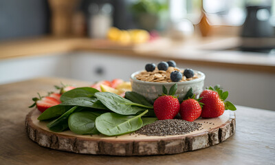 Fresh Healthy Breakfast Ingredients on Wooden Board with Fruits, Greens, Nuts, and Grains in Cozy Kitchen Setting