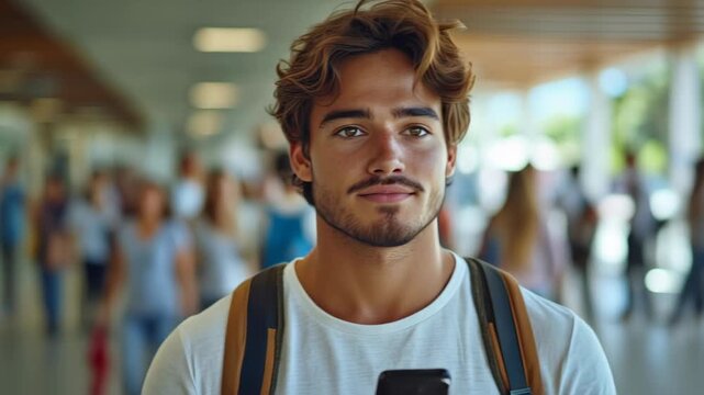 A man with a backpack and a cell phone is smiling. He is surrounded by other people, some of whom are carrying backpacks as well