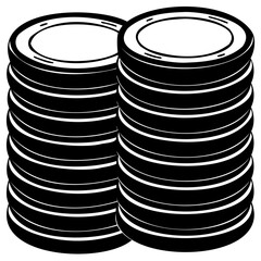 Stack of black and white circular objects resembling coins or discs with thick edges