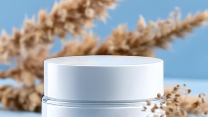 A glossy, white jar with a light blue background and natural elements, perfect for a cosmetic product display. - Powered by Adobe