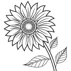 Sunflower with detailed petals, black and white coloring page design