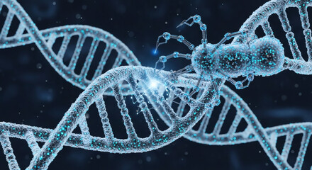 A microscopic nanobot interacts with a glowing DNA double helix, symbolizing genetic engineering and scientific advancement in a dark, abstract background.