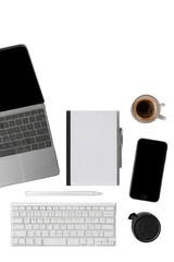 Flatlay of modern digital devices and coffee