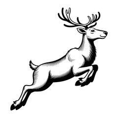 Fototapeta premium Leaping reindeer in black and white comic style, Christmas vector icon. 