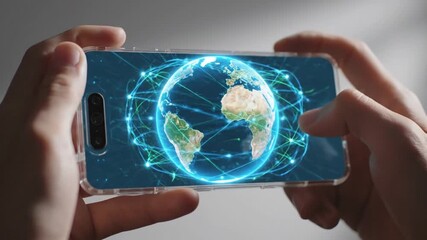 Hands Holding Smartphone with Holographic Globe and Global Network - Powered by Adobe