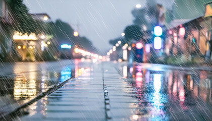 City street in rain with rainy drops, wet pavement, blurred glowing lights and reflections, tranquil mood, urban environment, suitable for travel, moody backgrounds, lifestyle, editorial, city weather
