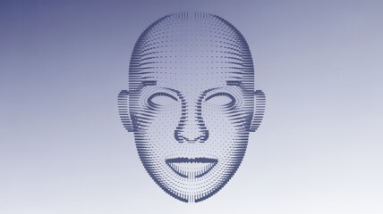 3d wireframe model of a human face constructed from dots, representing identity, biometrics, or artificial intelligence