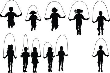 Obraz premium Silhouette of children jumping rope, kids playing outdoors, active childhood fun, group skipping rope, energetic kids, healthy lifestyle activity, joyful playtime