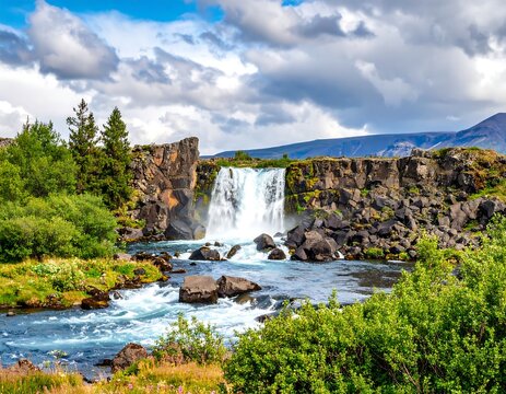 Waterfall cascading over basalt rocks