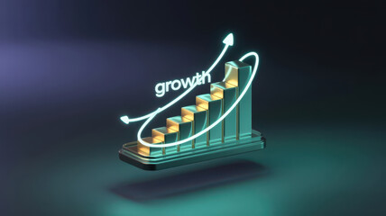 A stylized 3d bar chart with the word growth on a swirling line, indicating positive business development and financial progress in a dark, atmospheric setting