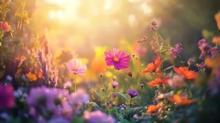 Soft Focus Meadow With Pink Purple Orange Flowers and Golden Sunlight nature spring photo