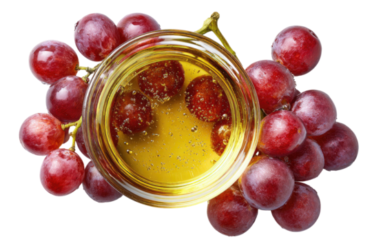 Red grapes and a clear glass bowl filled with a golden liquid, likely oil or syrup, are nestled together