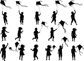 Silhouette of children flying kites, windy outdoor fun, kids playing with kites in open sky, happy childhood summer activity
